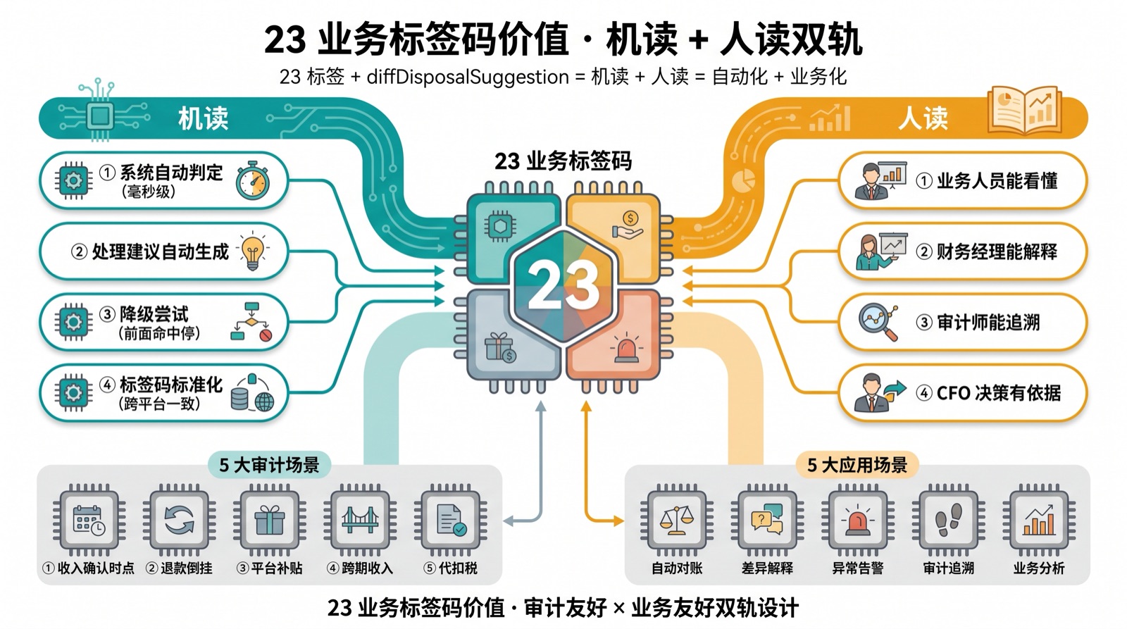 23 类差异业务标签的「机读 + 人读」双轨设计：系统自动判定并生成处理建议，业务人员看得懂、审计师能追溯